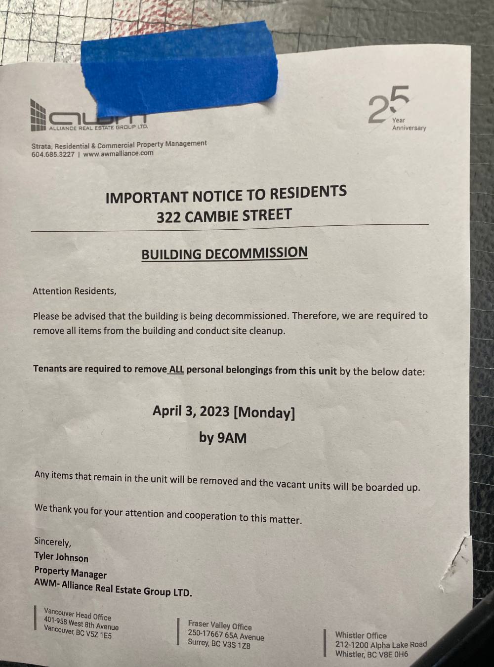 A notice tells tenants they are all required to leave their homes.