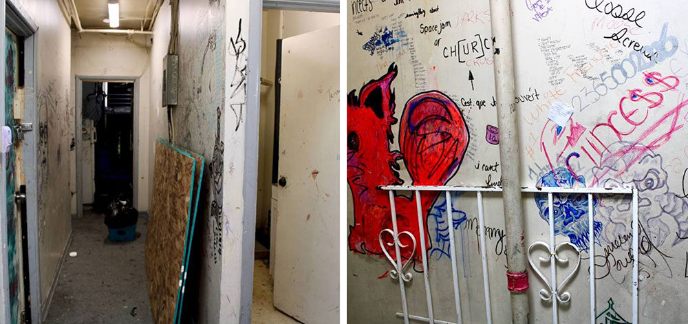 Photos of an SRO hall show sheets of wood ready to be used to board doorways and a hallway covered with graffiti.