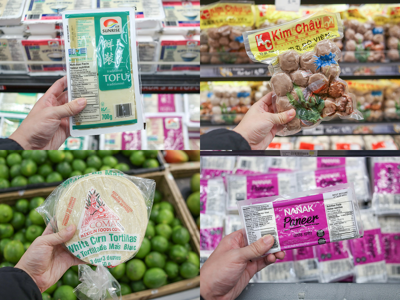 A collage of four images of four hands holding four products: tofu, beef balls, tortillas and paneer.