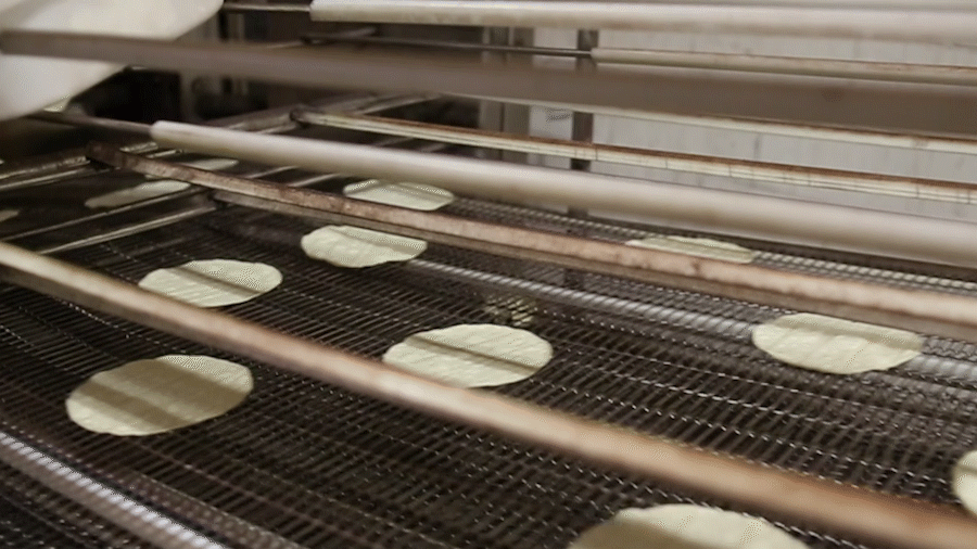 A video of four lines of cooked tortillas rolling down a production line.