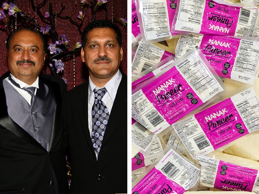 A collage of two images. On the left, two South Asian men in celebratory suits standing in front of a red curtain at an event. On the right, a pile of Nanak-brand packaged paneer in a fridge.