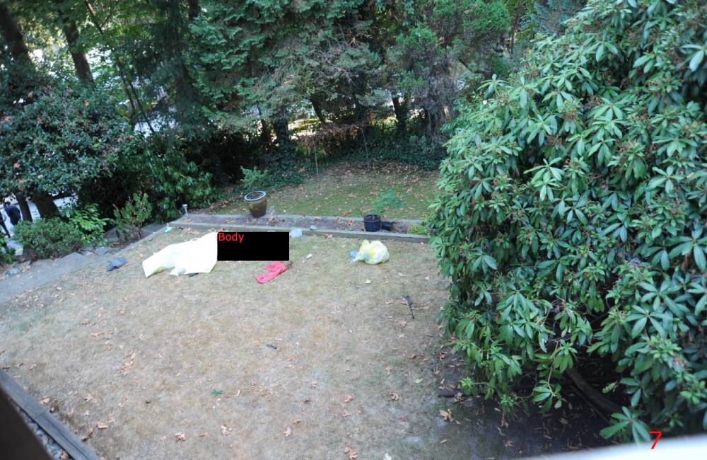 A level open area in a backyard, surrounded by trees and bushes, with a sign indicating where Myles Gray body was. 