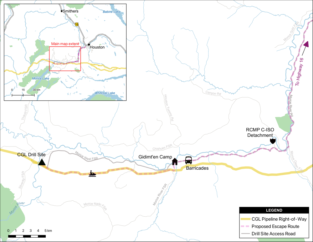 A map shows the CGL drill site, the pipeline right-of-way, the Morice West Forest Service road, and the route the alleged attackers are said to have taken to escape the night of Feb. 17, 2022.
