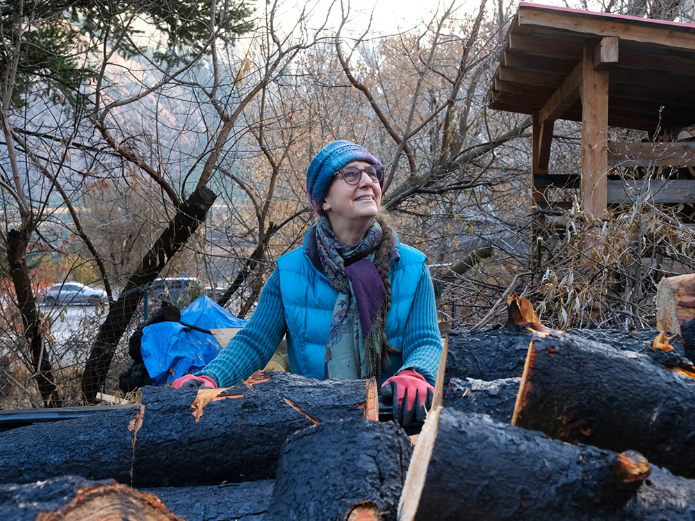 A woman behind a pile of blackened logs.