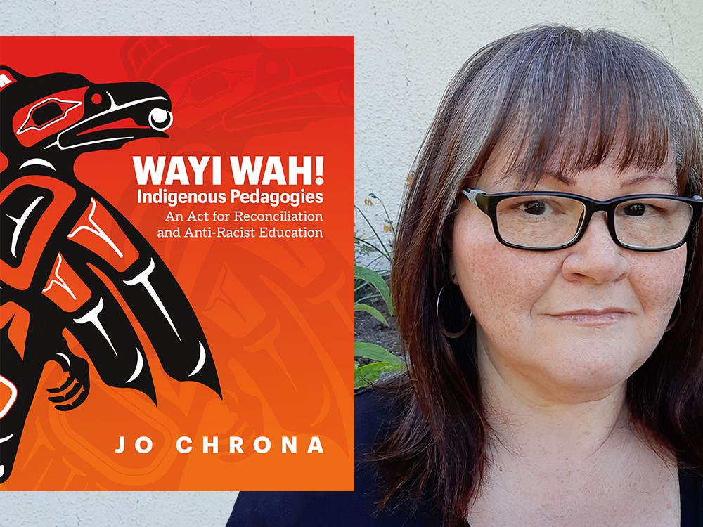 An author photo of Jo Chrona, a woman wearing glasses, with salt-and-pepper hair. The cover of <em>Wayi Wah! Indigenous Pedagogies: An Act for Reconciliation and Anti-Racist Education<em> is floating on the background of the image. It is orange-red, black and white, and features Coast Salish-style art.