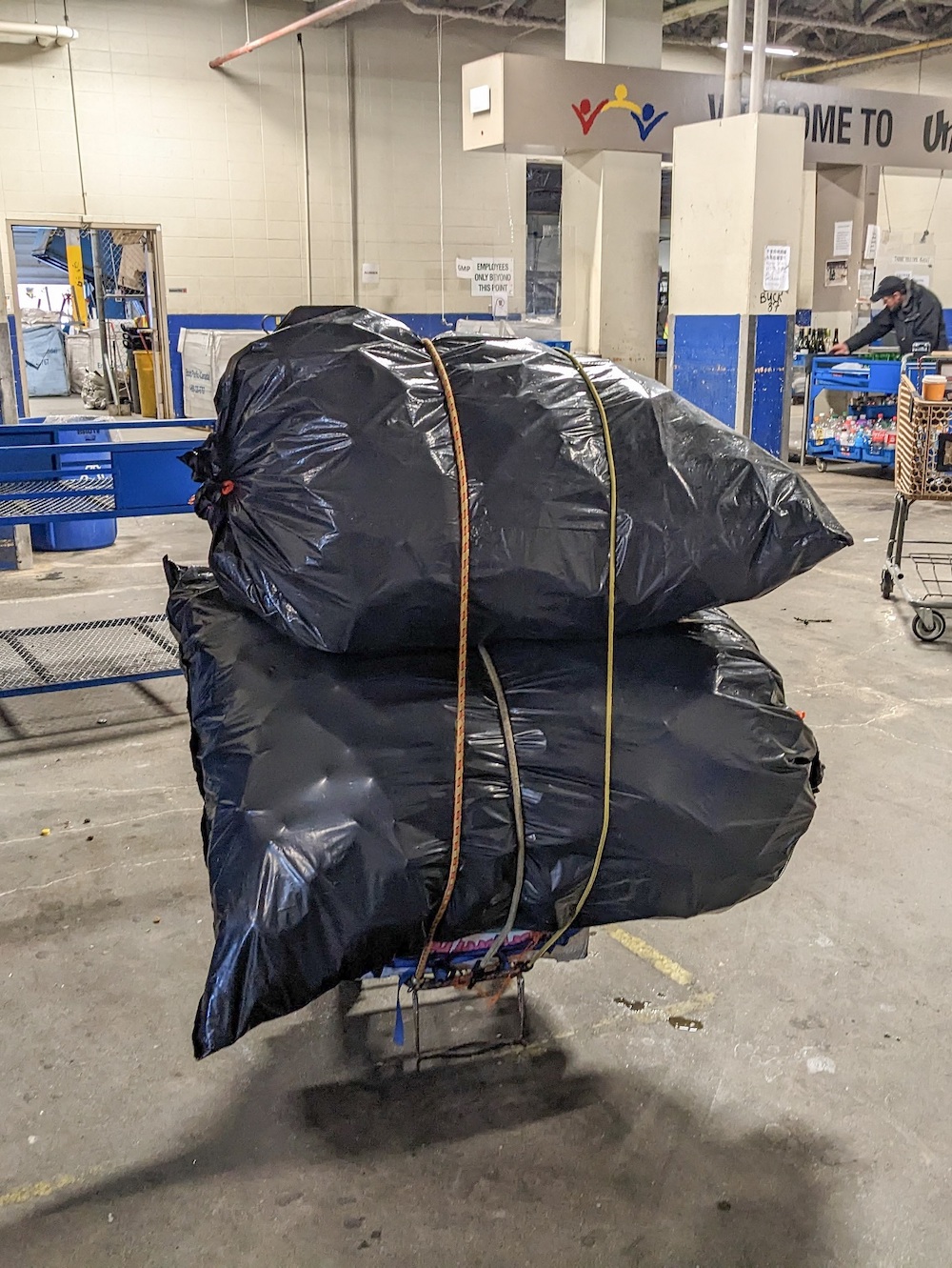 A grocery cart with a box on the bottom, topped by two bursting garbage bags filled with cans and bottles. It is held together with bungee cords. The setting is a recycling depot.