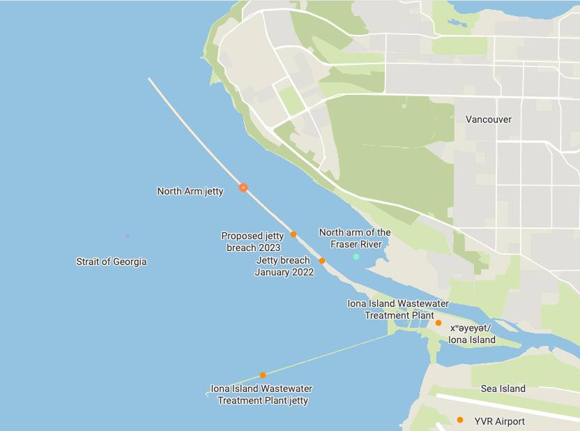 A map shows several locations on xʷəyeyət/Iona Island, including the north arm of the Fraser River, the North Arm Jetty, proposed jetty breaches, the wastewater treatment plant, and Sea Island.