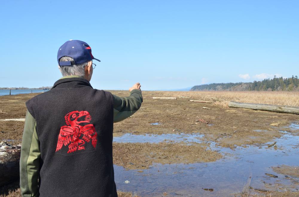 An older man with grey hair and glasses stands outside pointing towards the distance at a patch of hilly land covered by trees. He wears a blue cap and a black fleece vest with bright red Coast Salish embroidery.