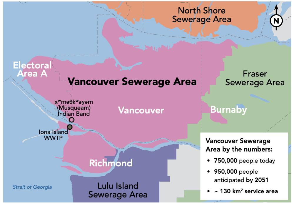 A map of the sewage areas in Metro Vancouver serviced by the Iona Island Wastewater Treatment Plant.