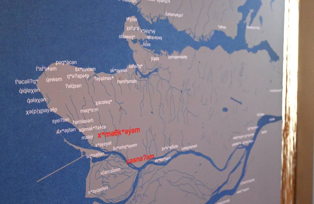 A map of Lower Mainland labelled with Musqueam place names and village sites.