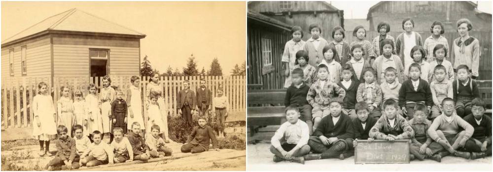 Photo on left shows students ranging from five to 14-years-old stand in front of their one-room schoolhouse for a class photo. The girls are dressed in all-white dresses and aprons with high collars. The boys are dressed in button down shirts and jackets. 
Photo on right shows students pose for a black-and-white class photo, with two rows of female students in the back and two rows of boys in the front. The students range between the ages of seven and 10-years-old. The girls wear their hair in a fashionable bob, just like their teacher, and the boys wear button-up sweaters. 