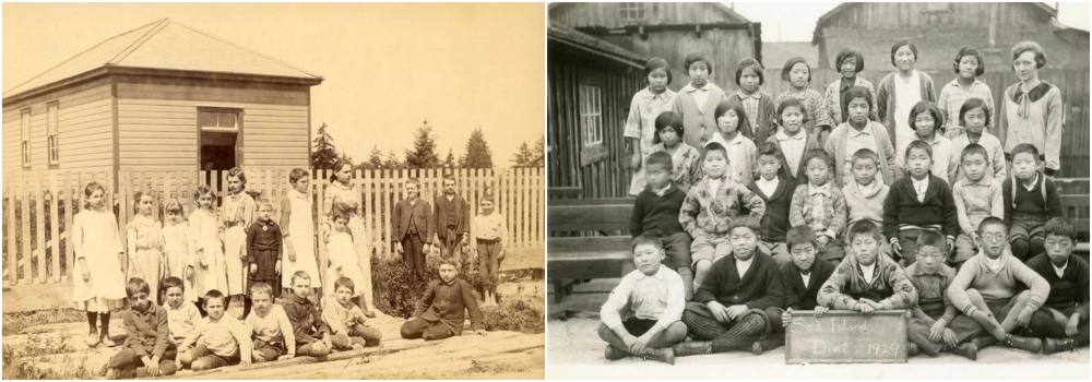 Photo on left shows students ranging from five to 14-years-old stand in front of their one-room schoolhouse for a class photo. The girls are dressed in all-white dresses and aprons with high collars. The boys are dressed in button down shirts and jackets. 
Photo on right shows students pose for a black-and-white class photo, with two rows of female students in the back and two rows of boys in the front. The students range between the ages of seven and 10-years-old. The girls wear their hair in a fashionable bob, just like their teacher, and the boys wear button-up sweaters. 