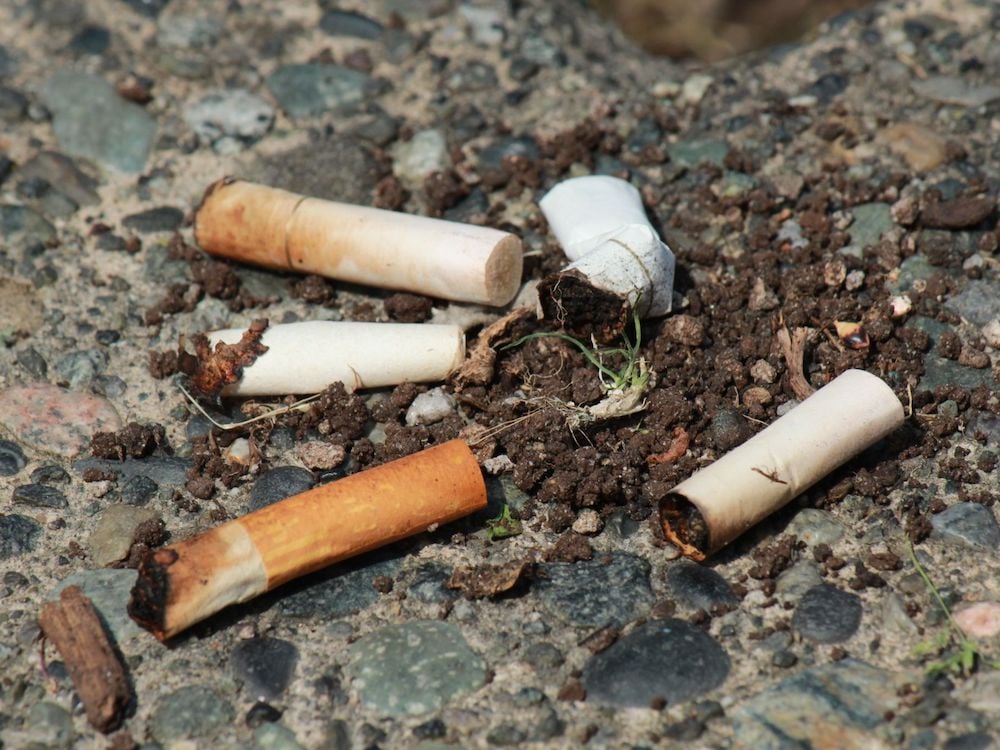 A stack of cigarettes lay on a bed of rocks.