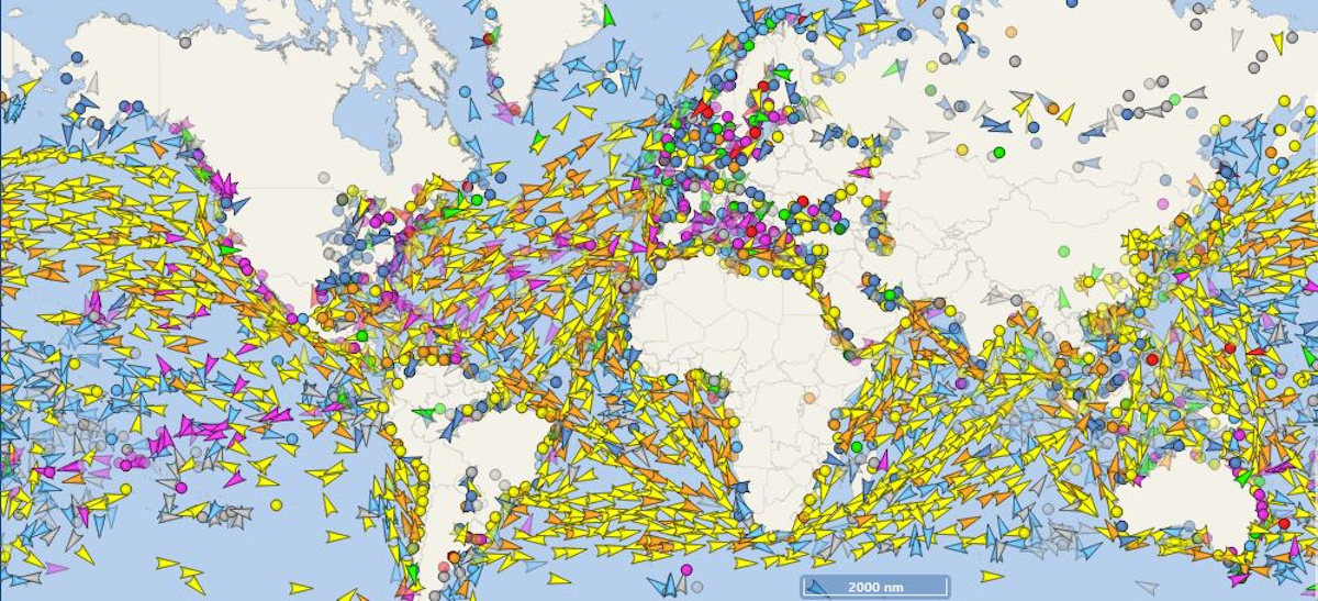 A map shows thousands of ships, represented by arrows, travelling around the world.