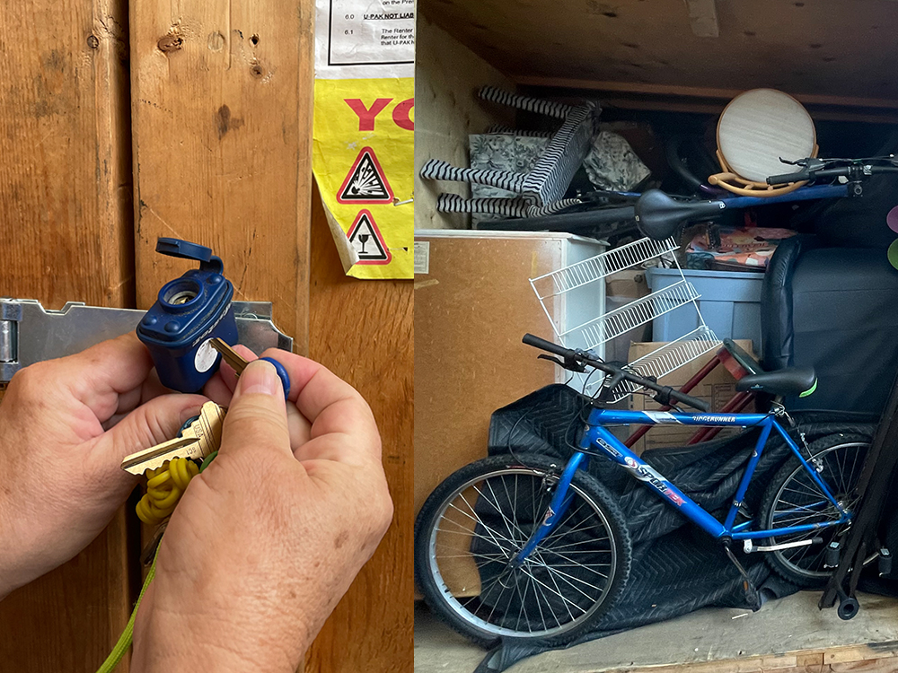 Two photos. The photo on the left shows a woman’s hands about to enter a key into a lock. The photo on the right shows an open storage unit. A bicycle and some other belongings are visible.
