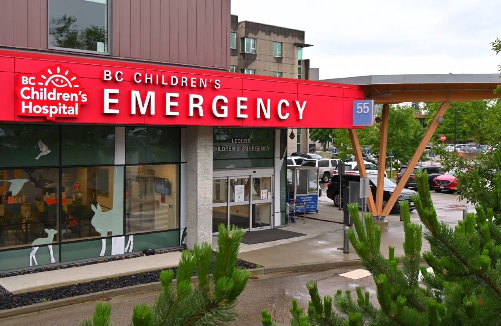 A photo shows the BC Children’s Hospital Emergency entrance.