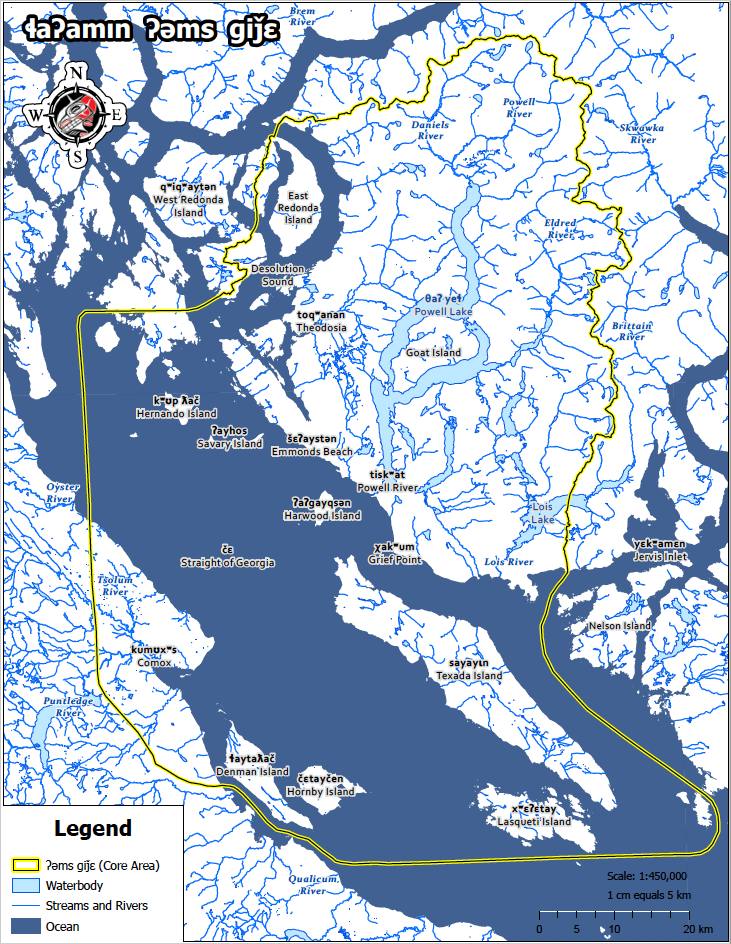 A map shows the Georgia Straight, the northern Sunshine Coast, and several islands, including Texada, Lasqueti and Agyksan. Place names are communicated in English and the ʔayʔaǰuθəm language, which is spoken by Tla’amin people.