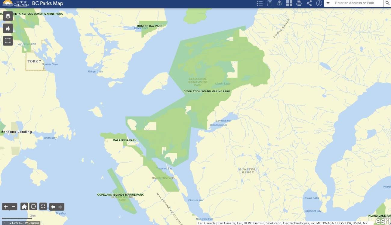 A angular green blob is overlayed over a map showing land in beige, and lots of water and islands. The coastline has many shielded bays.