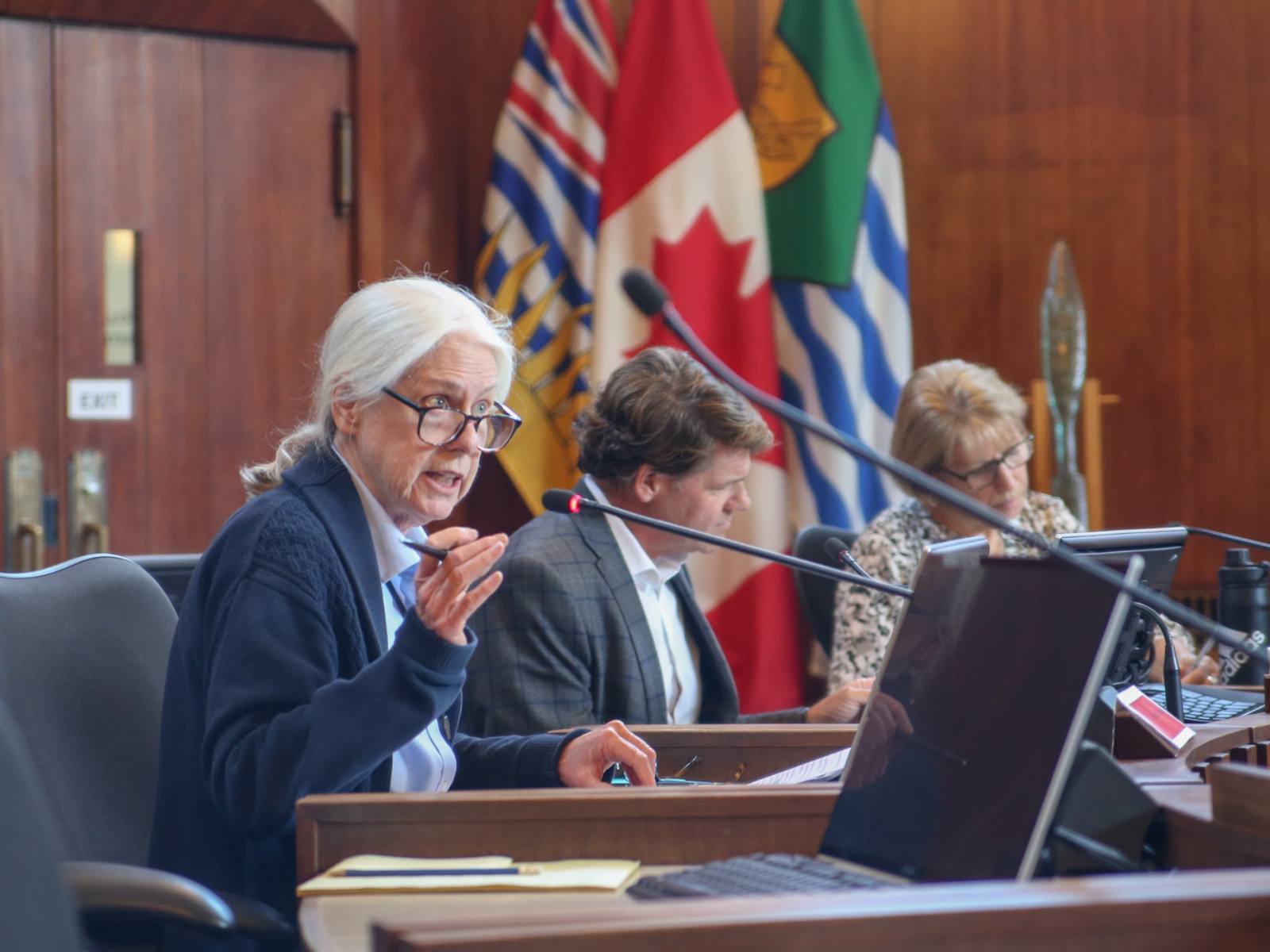 A women with white hair sits in a grand council chamber with a microphone in front of her. There is a man and a woman behind here.