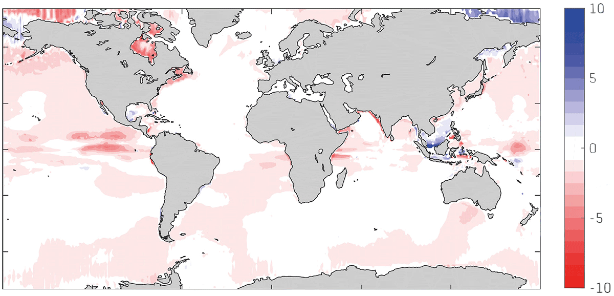 A horizontal map of the world shows darker spots in oceans where oxygen is dropping.