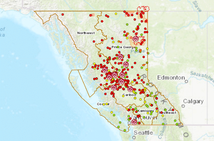 A map showing red dots where fires burn out of control across British Columbia. The dots are densest in the centre of the province. 