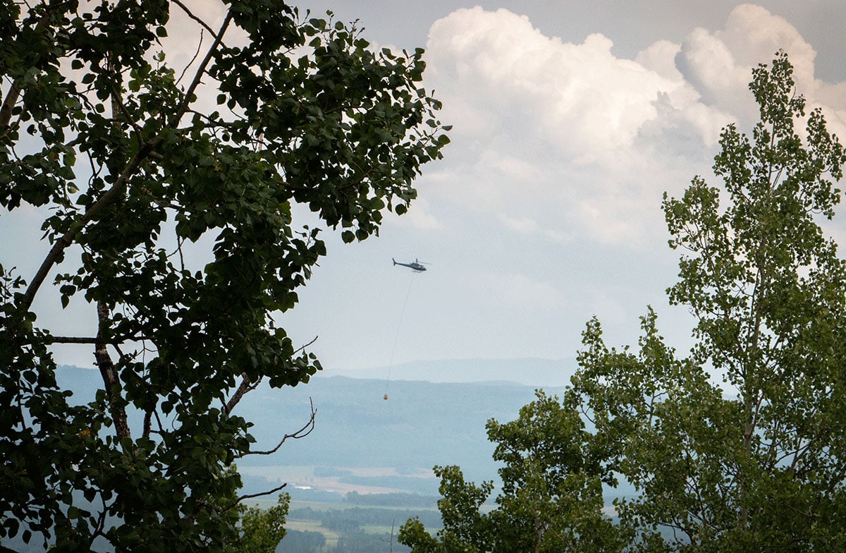 A helicopter with a bucket dangling below flies between two trees which are in the foreground. There are thunderclouds overhead. 