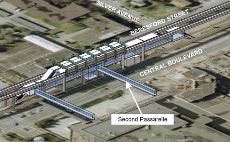 The rendering of a transit station that shows two bridges connecting to a mall.