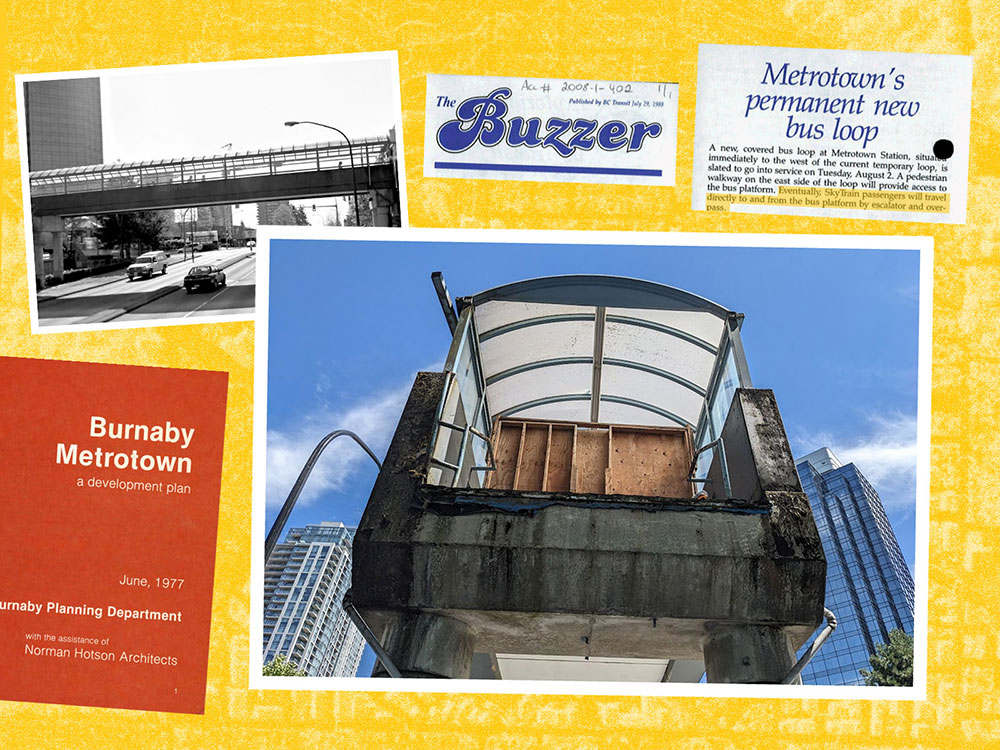 A collage with on a yellow background shows a contemporary photo of a boarded-up passerelle, and historical newspaper clippings, including one showing the passerelle in use.