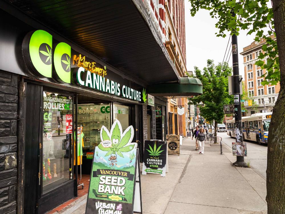 A photo of the front of Marc Emery’s Cannabis Culture store with a Vancouver streetscape in the background.