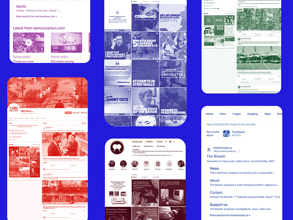 Mobile screenshots of news media pages on Instagram and Facebook in various sepia colour tints float over a bright blue background.