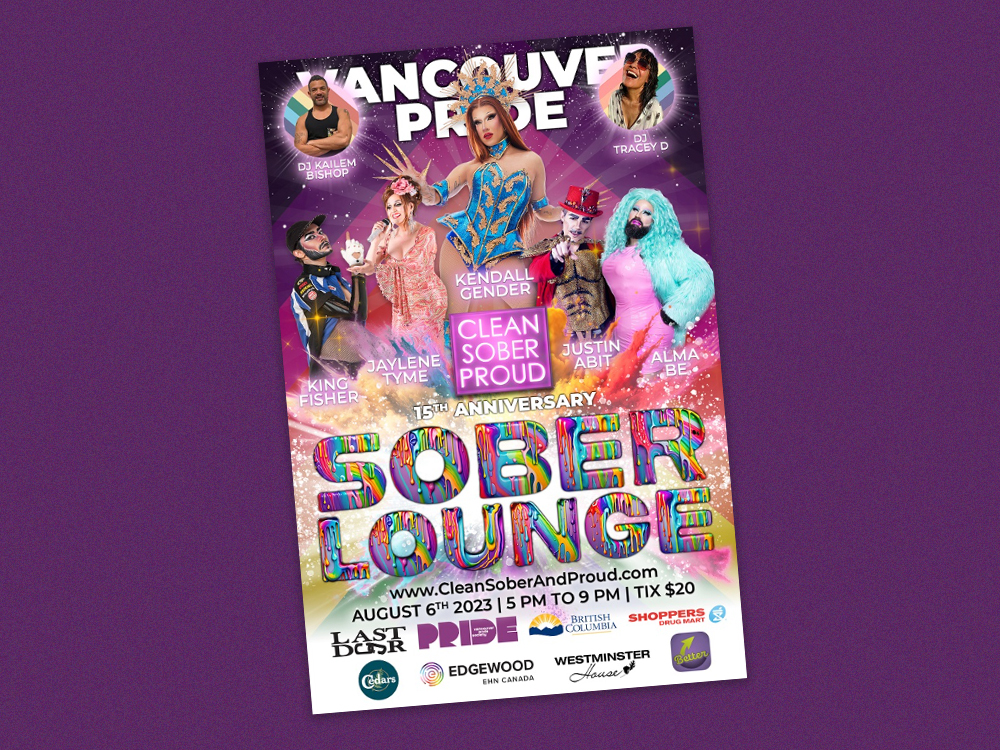 The event poster for Clean Sober Proud shows five performers and lists a number of sponsors at the bottom.