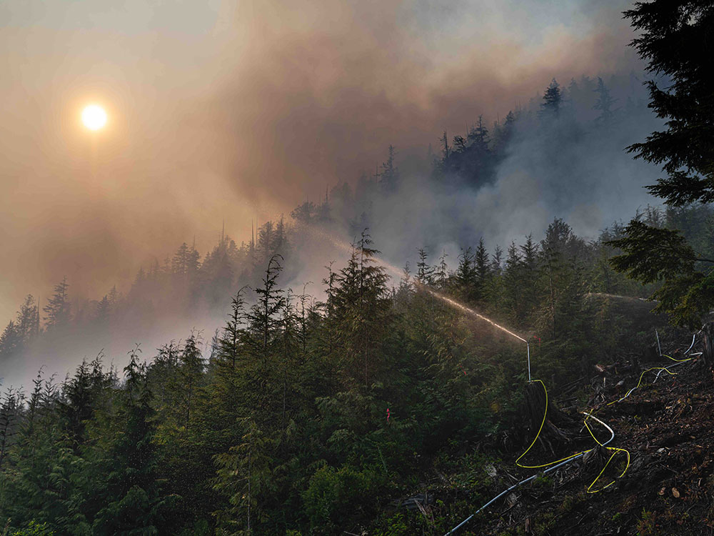 A hazy sun is visible behind thick plumes of black and grey smoke from a wildfire in Sayward, B.C. A forested hill is shrouded in smoke. In the foreground to the right of the frame, a collection of hoses are gathered up an embankment, where a single stream of water is reflected by the sun, spraying into the trees.