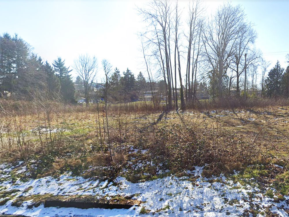 A photo of a vacant property with barren trees and speckles of snow.