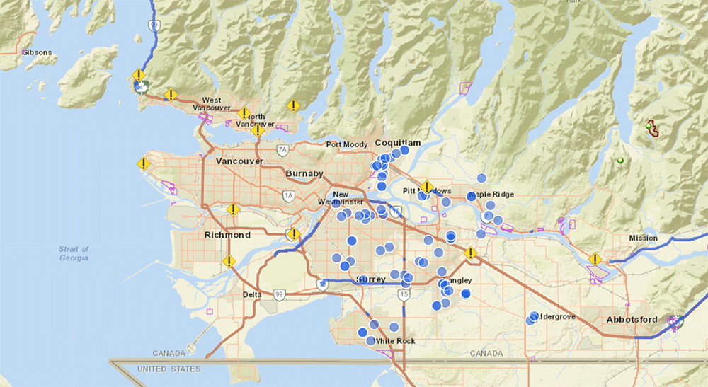 A map shows blue dots across the Lower Mainland.
