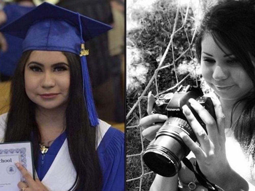 Two photos show the same young woman. On the left, she is graduating, wearing a blue mortarboard and gown. On the right, she is looking at the display of a digital SLR camera.