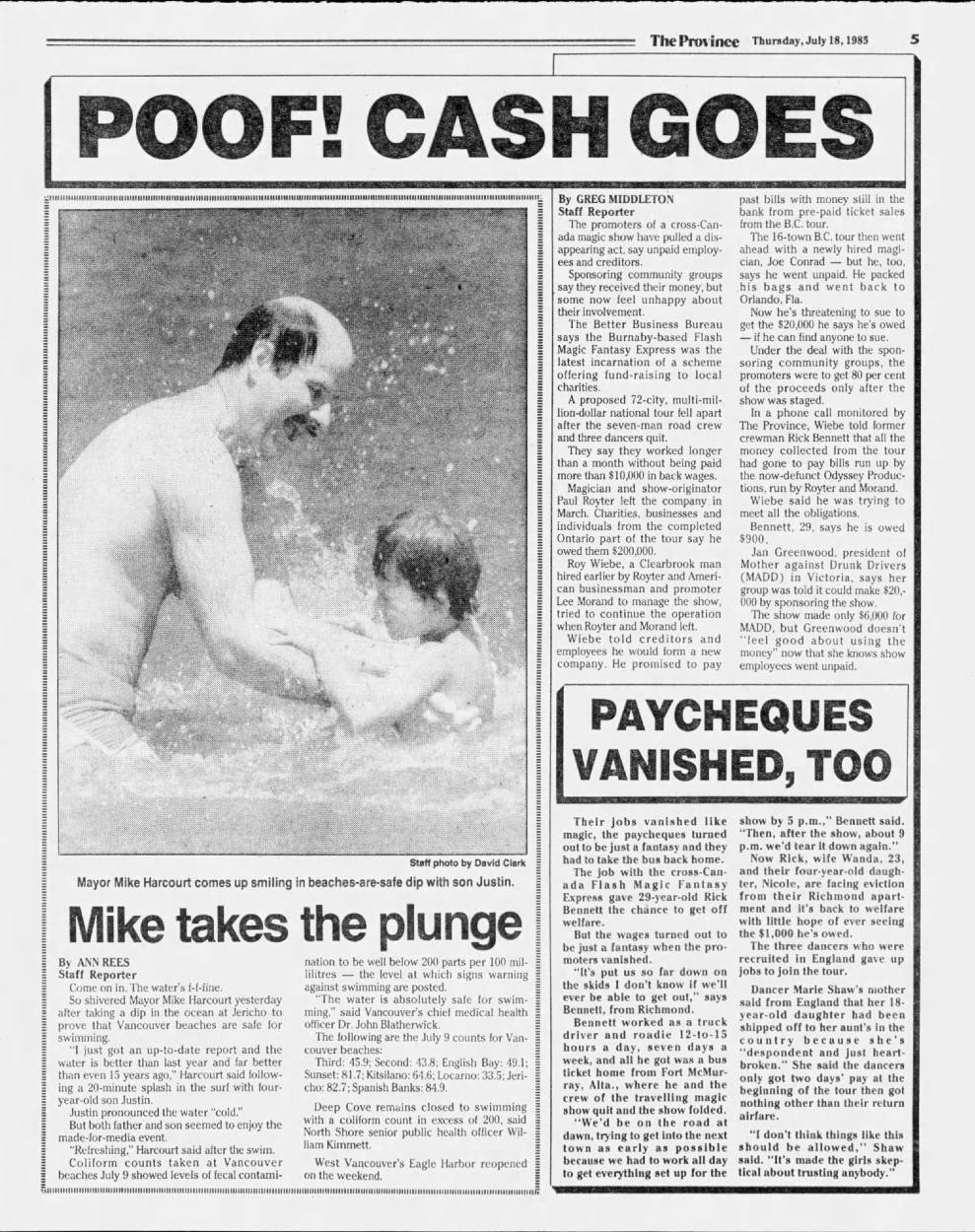  A black and white newspaper clipping showing Hike Harcourt in swimming trunks splashing in the water with his son, who looks around four to five years old.