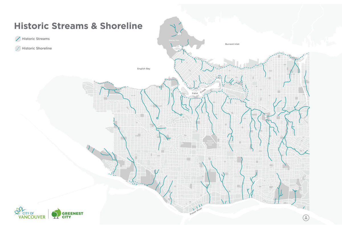 A map of the City of Vancouver with blue lines that show its historic creeks flowing into the water bodies at its edges.