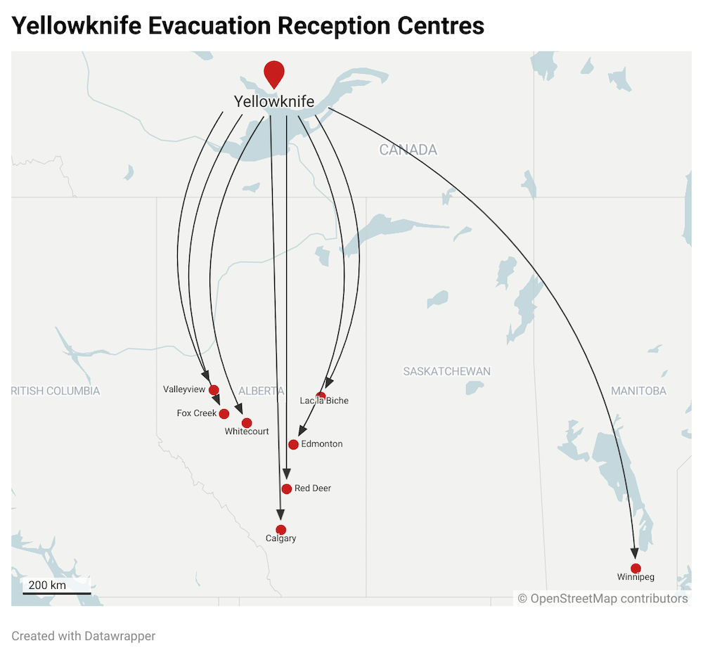 A map shows evacuation routes from Yellowknife.