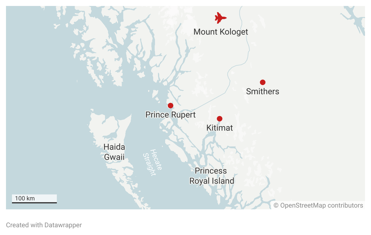 A map of northwest coastal B.C. identifies Haida Gwaii and Princess Royal Island at the bottom and Mount Kologet at the top. In between are the communities of Prince Rupert, Kitimat and Smithers.