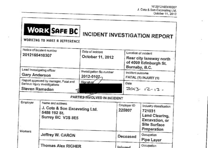A screenshot of a WorkSafe BC report.