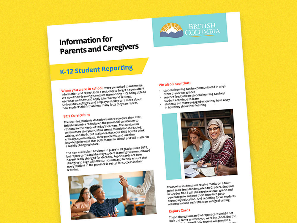 Screenshot of the province’s two-page information booklet about the grading change, designed for parents and caregivers.