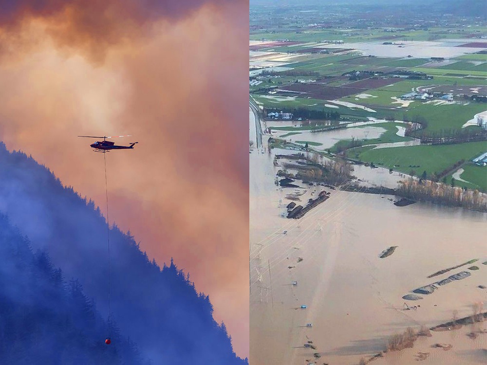 Left: a helicopter carries supplies, with a fire in the background. Right: Sumas Prairie flooded in 2021.