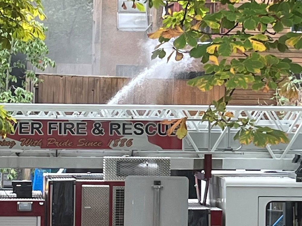 A fire truck sprays water on an apartment building behind an overhanging tree.