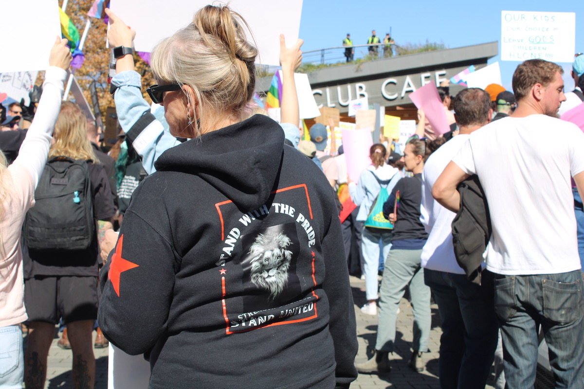 A woman wears a “Stand United” sweatshirt at an anti-SOGI rally on Sept. 20. The group was active in organizing “freedom convoy” protests in Metro Vancouver in 2022.