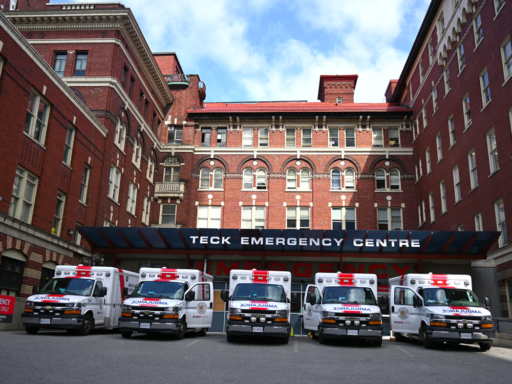 Five ambulances are lined up at the Teck Emergency Centre at St. Paul’s Hospital in Vancouver.