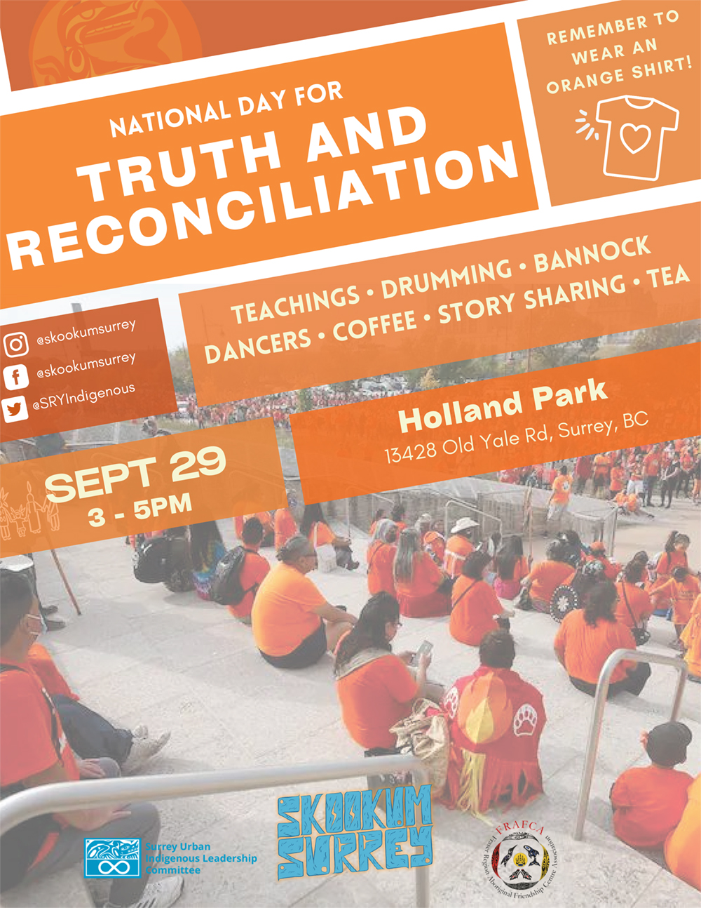 An orange poster reads National Day for Truth and Reconciliation and Skookum Surrey.
