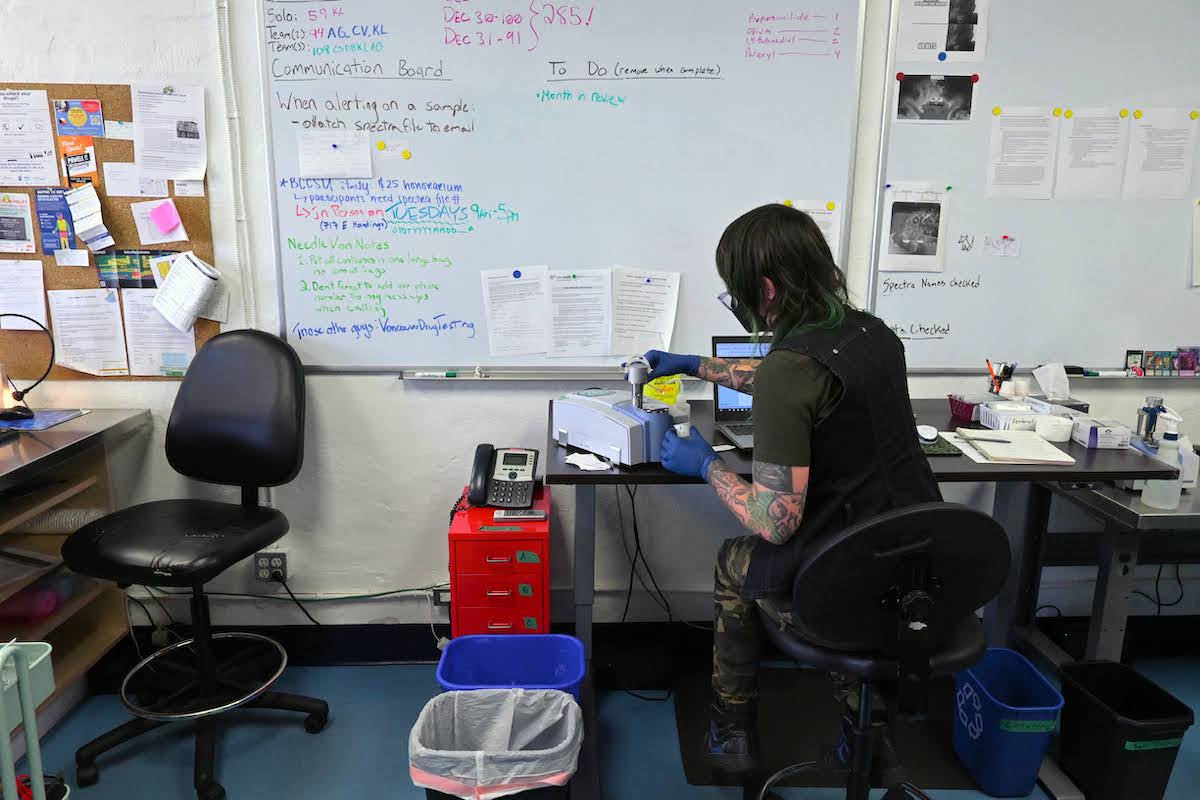 A person sits in the Get Your Drugs Tested laboratory with blue floors and white boards with notes and reminders scrawled on them. The FTIR spectrometer is a small, cat-sized machine at the centre of the picture. The staff member is wearing blue gloves as they lean over the machine.
