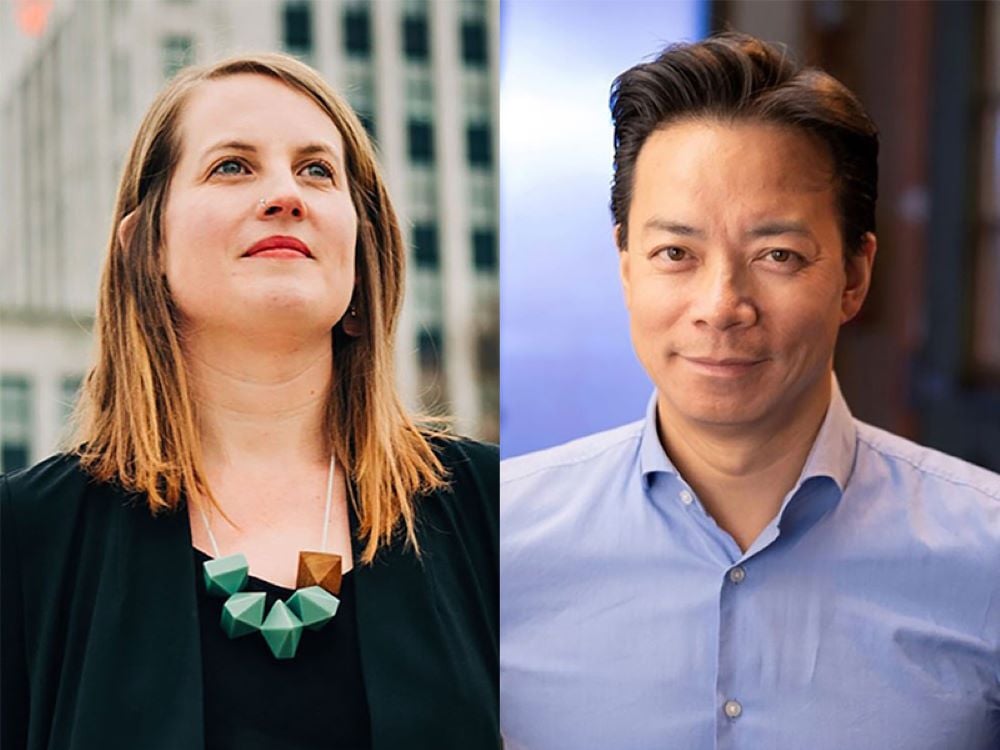 Two photos side-by-side. At left, Coun. Christine Boyle looks skyward in an outdoor photo, wearing a black shirt and jacket and chunky necklace. At right, Mayor Ken Sim looks at the camera, wearing a blue dress shirt. 