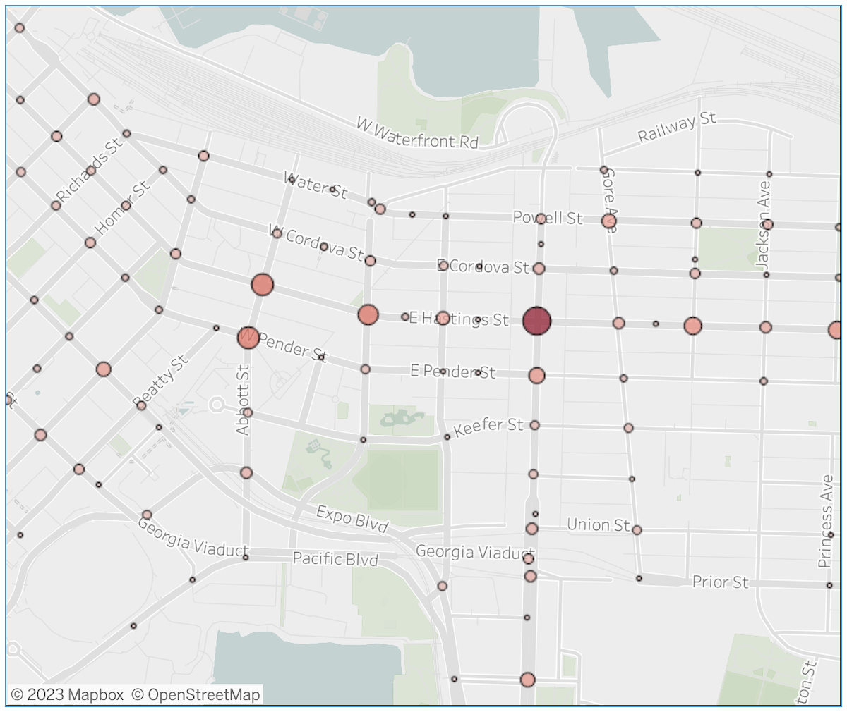 A map shows the locations of pedestrian-vehicle collisions in part of Downtown Vancouver.