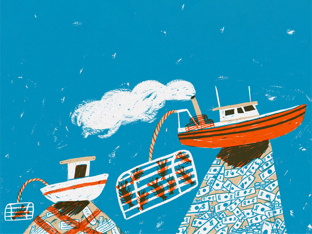 An illustration. On the left side, a small boat has one lobster trap and is surfing a wave of permits and paperwork. On the right, a larger boat has many lobsters in a trap and is surfing a wave of money.